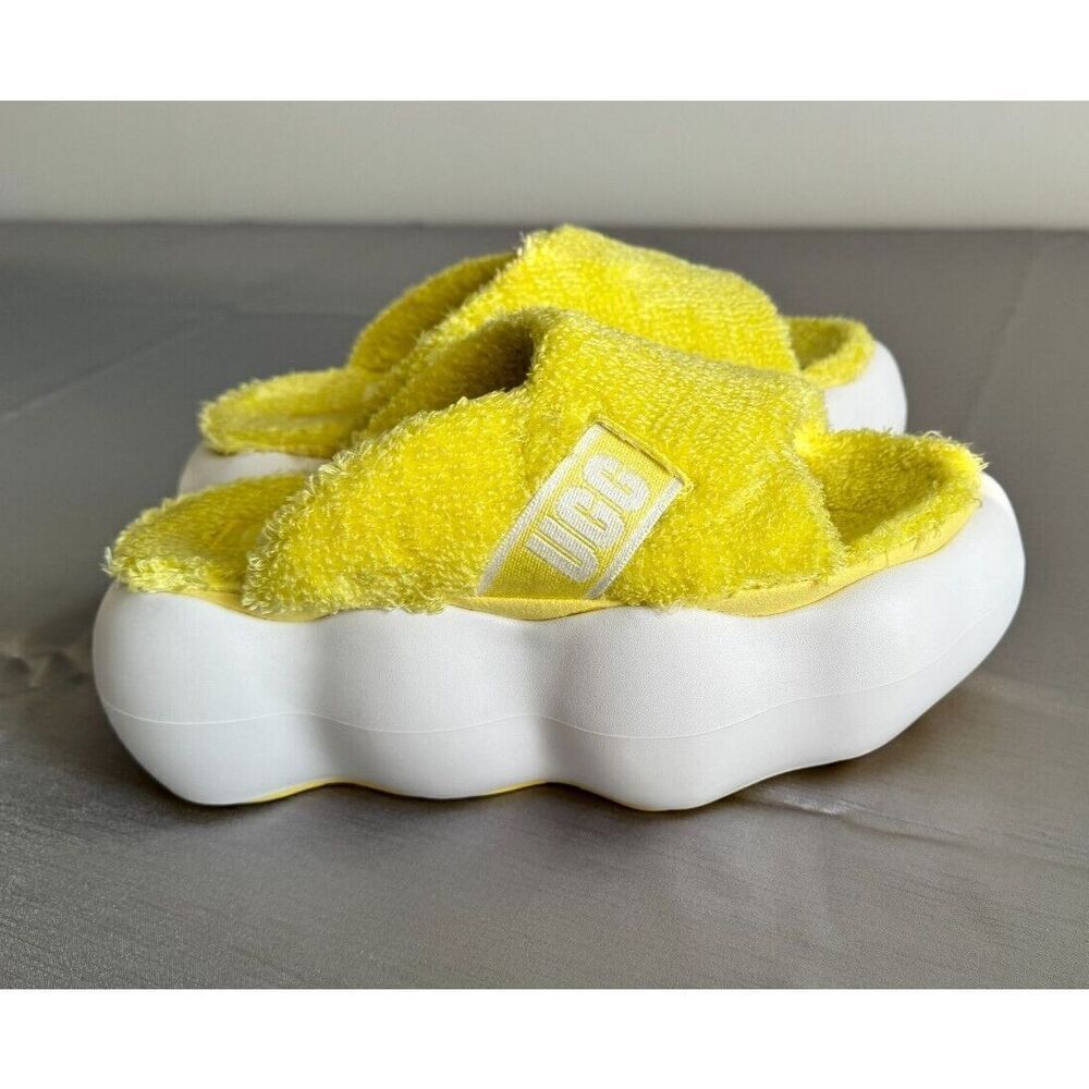 Women Size 9 UGG SUGARCLOUD SLIDE SANDALS YELLOW TERRY 3" PLATFORM SLIPPER SHOE